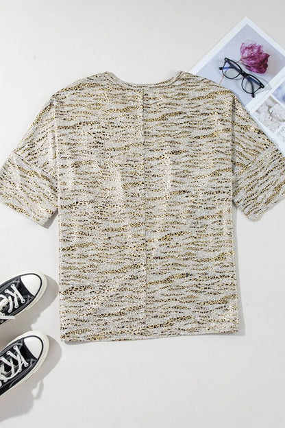 Leopard Print Half Sleeve V Neck Loose Fit T Shirt