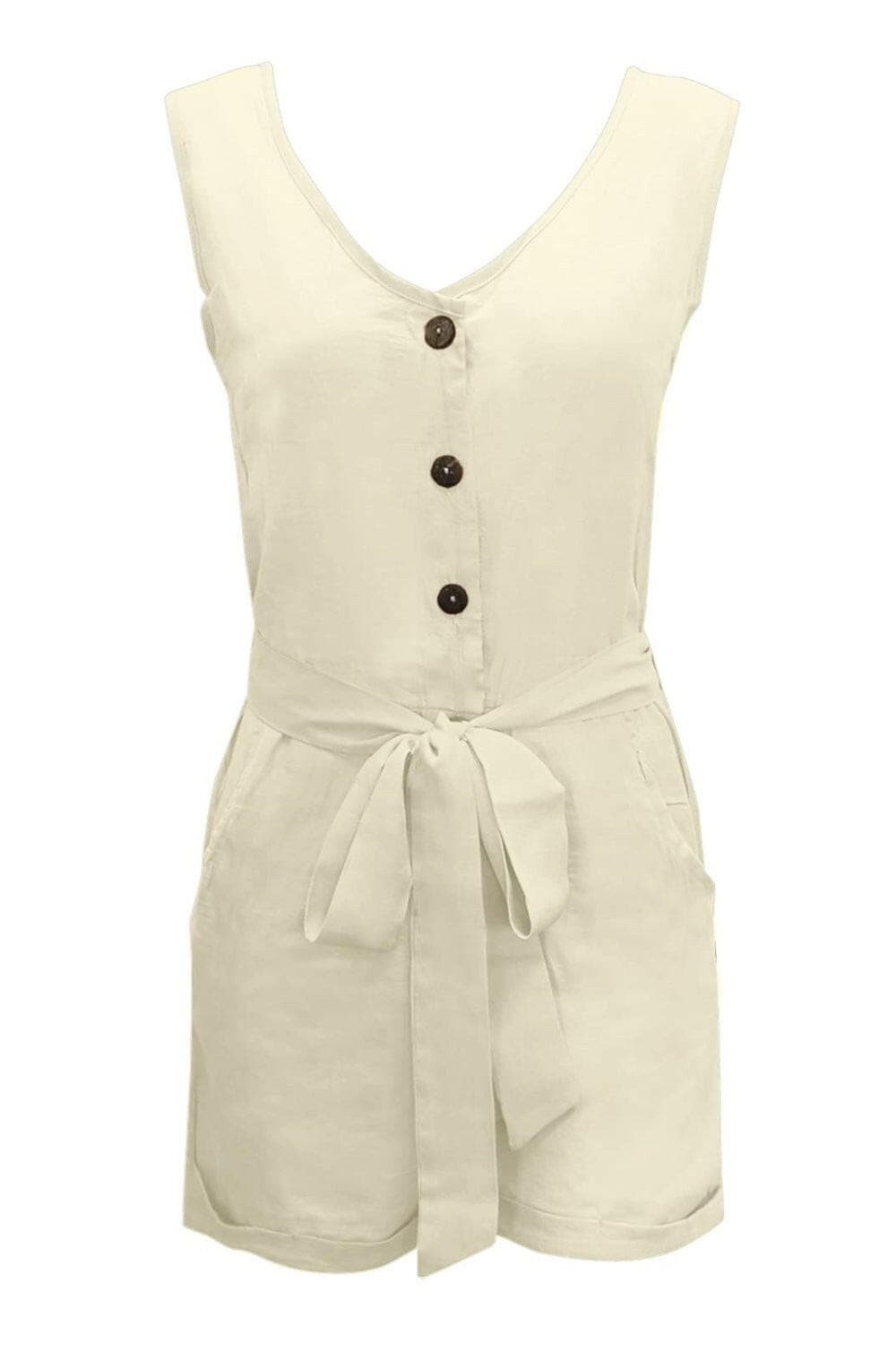 Full Size Tied V-Neck Sleeveless Romper with Pockets.