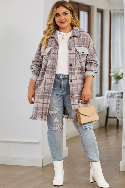 Chic pink macrame plaid coat in plus sizes