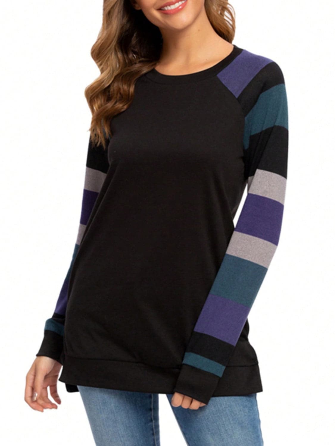 Color Block Round Neck Long Sleeve T-Shirt.