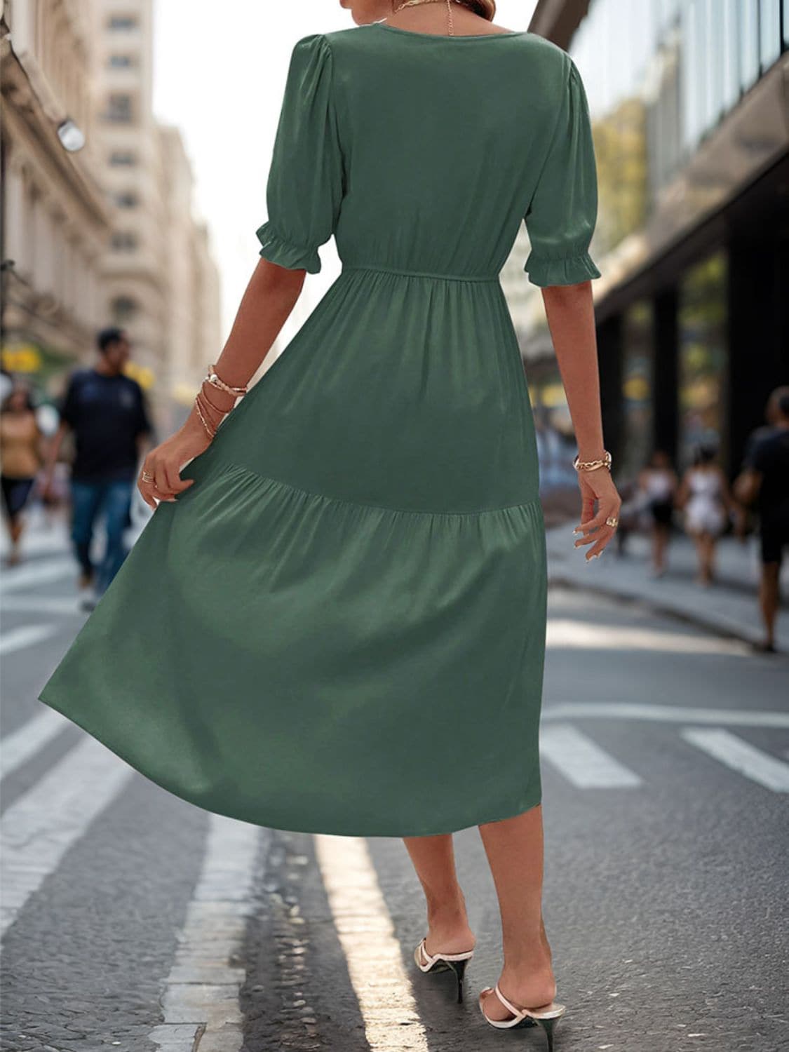 Ruched V-Neck Half Sleeve Midi Dress.