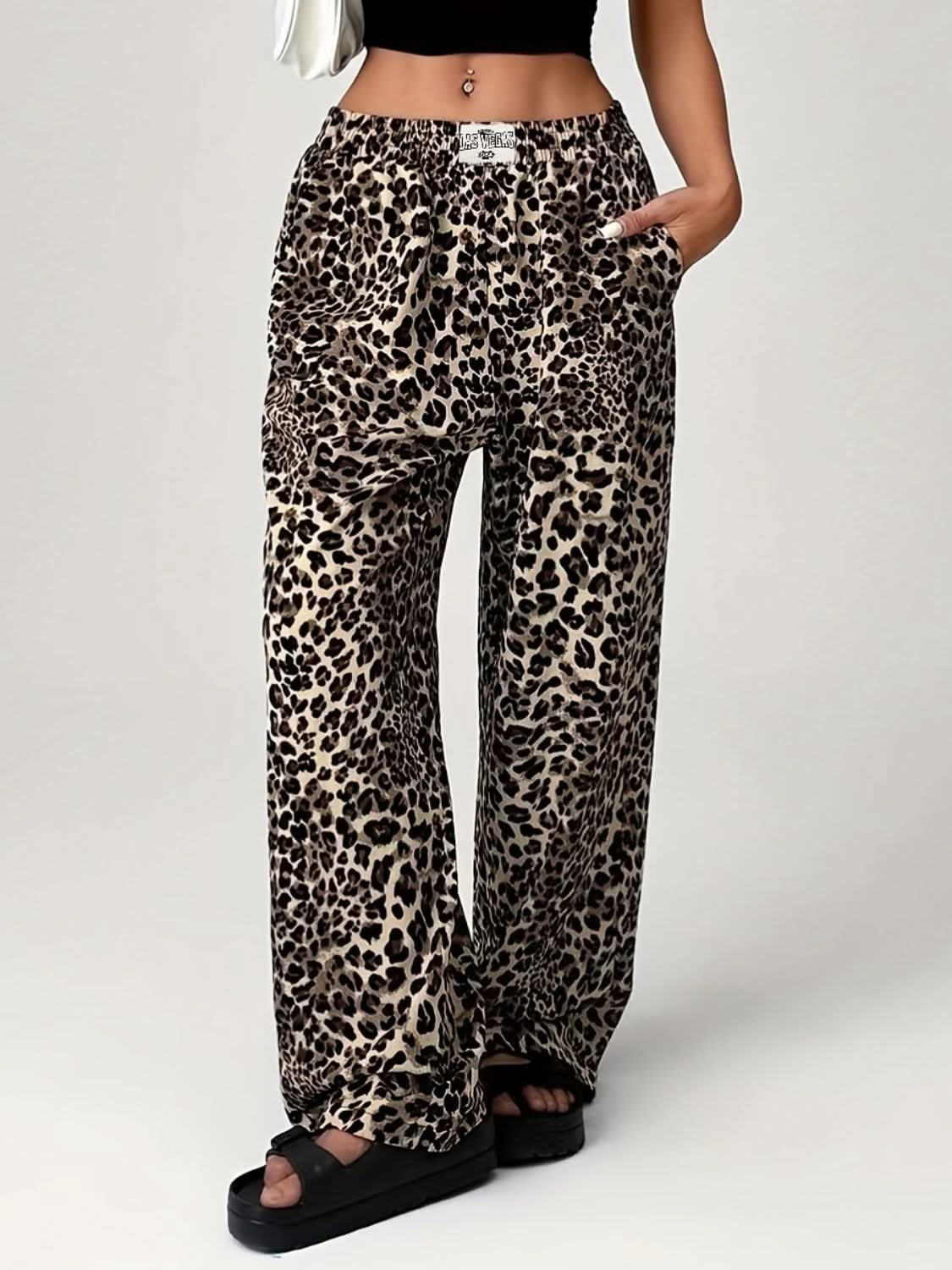 Leopard Print Wide Leg Trousers with Functional Pockets