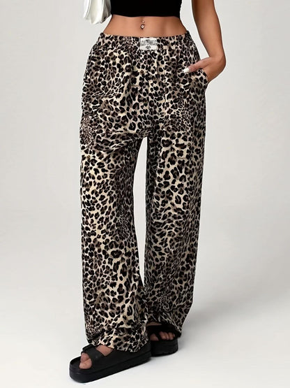 Leopard Print Wide Leg Trousers with Functional Pockets