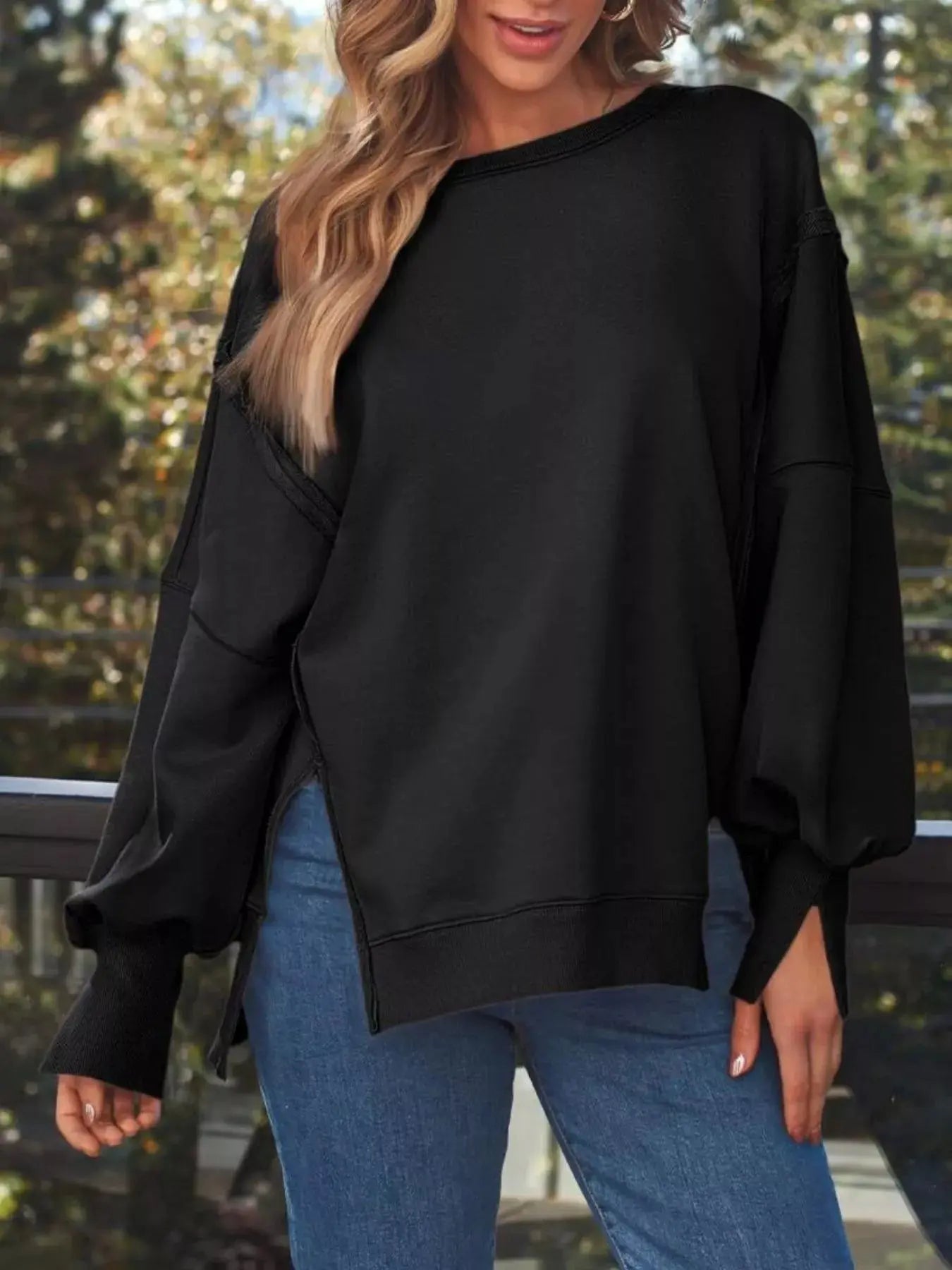 Side Slit Long Sleeve Oversized Sweatshirt Simply Love