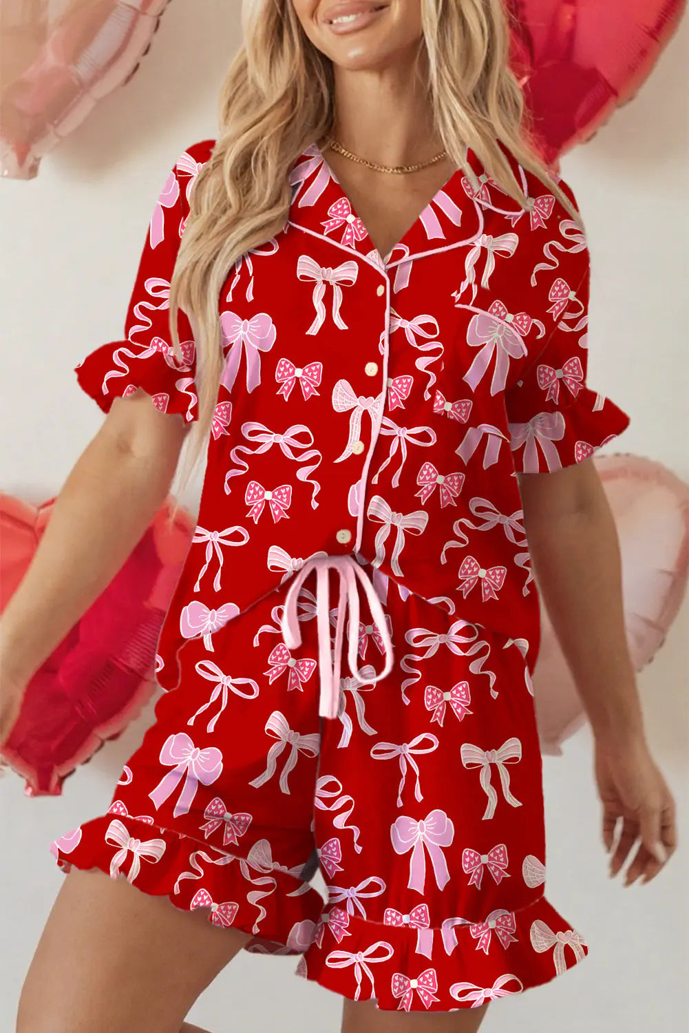 Red Sweet Bow Print Ruffled Short Sleeve Shirt Shorts Two Piece Pajama Set Dear-Lover Dropshipping