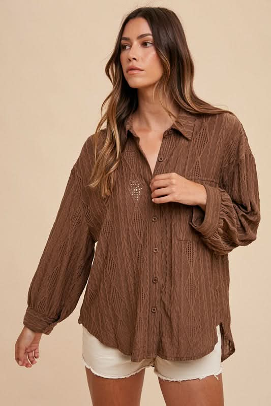 Openwork Drop Shoulder Button-Up Shirt by Annie Wear