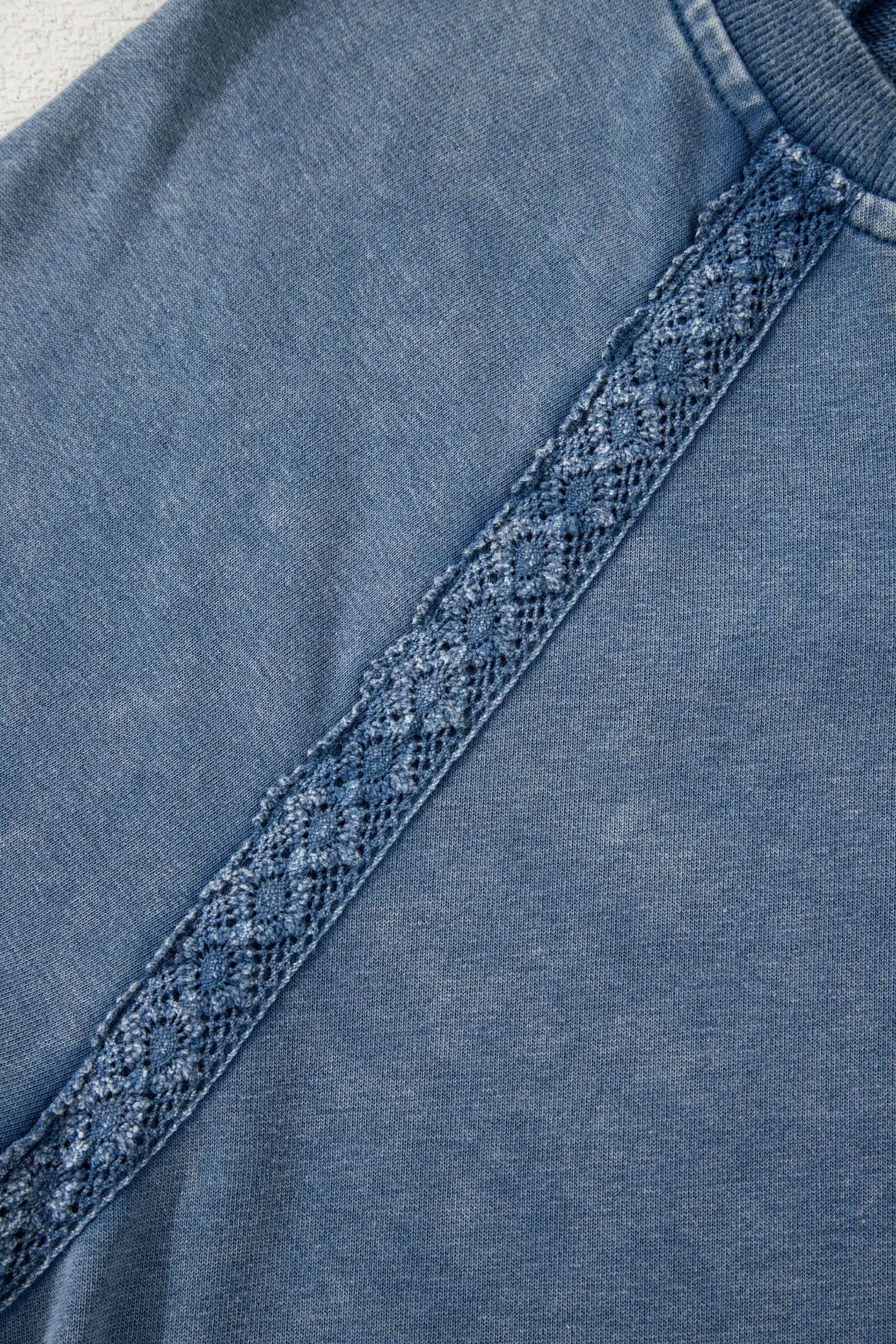 Sail Blue Lace Patchwork Notched Neck Mineral Wash Baggy Sweatshirt Dear-Lover Dropshipping