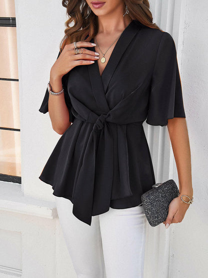 Surplice Tie Waist Half Sleeve Blouse.