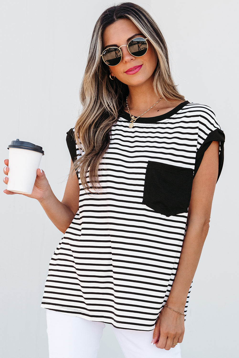 Black Stripe Chest Pocket Patch Round Neck Tank Top for Women