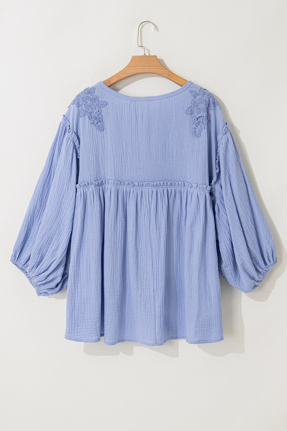 Elegant plus size crochet detail babydoll blouse in beau blue