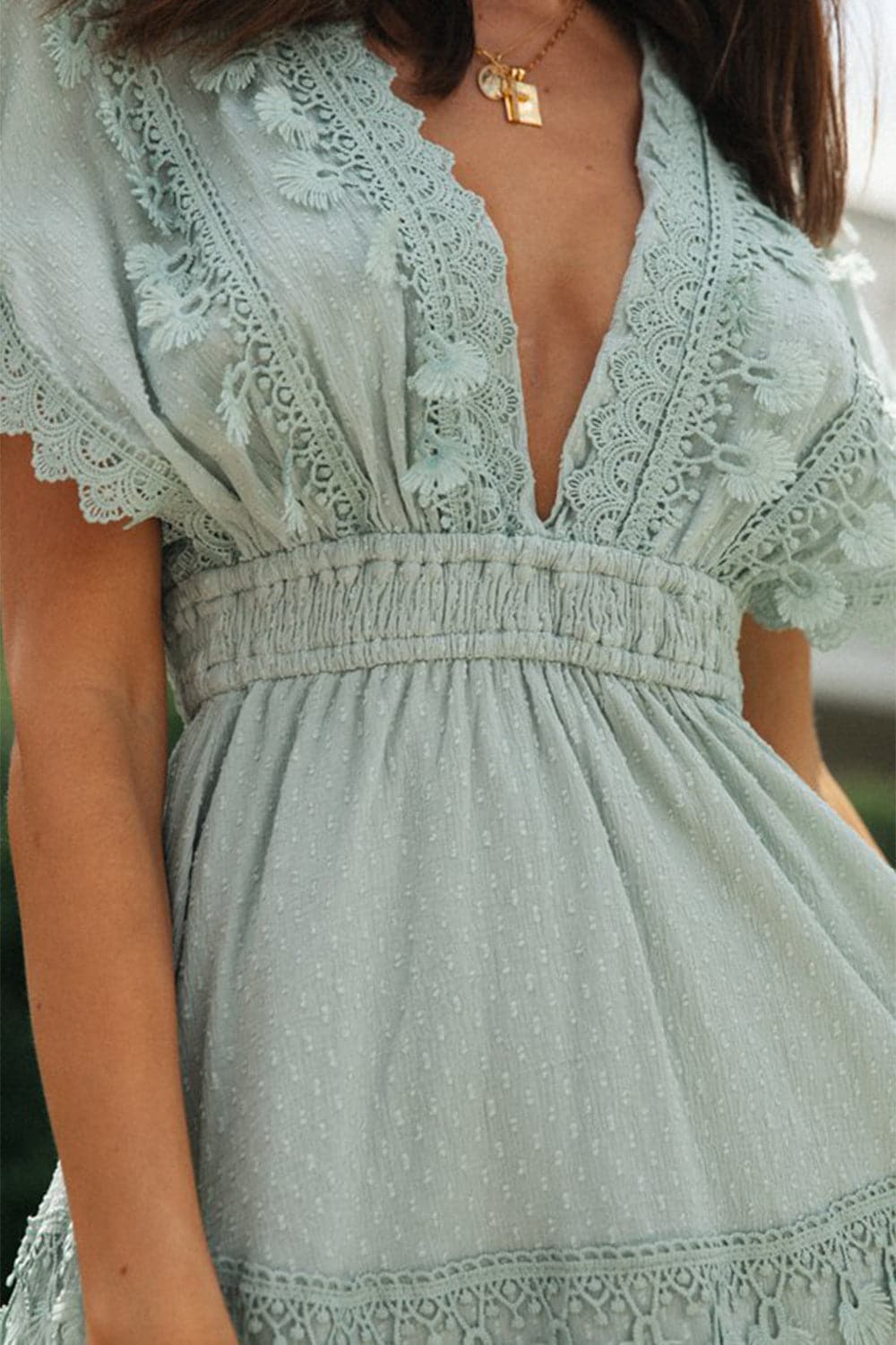 Lace Detail Plunge Short Sleeve Mini Dress.