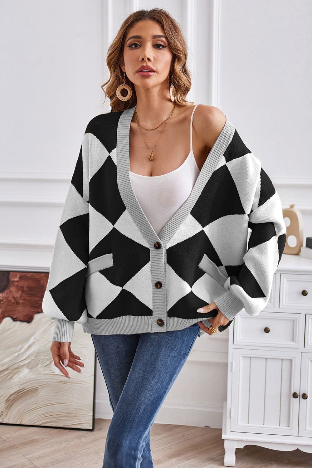 Geometric Lantern Sleeve Cardigan with Pockets.