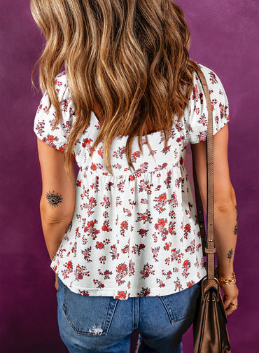 White Boho Floral Ruched Cinched Short Sleeve Blouse For Women