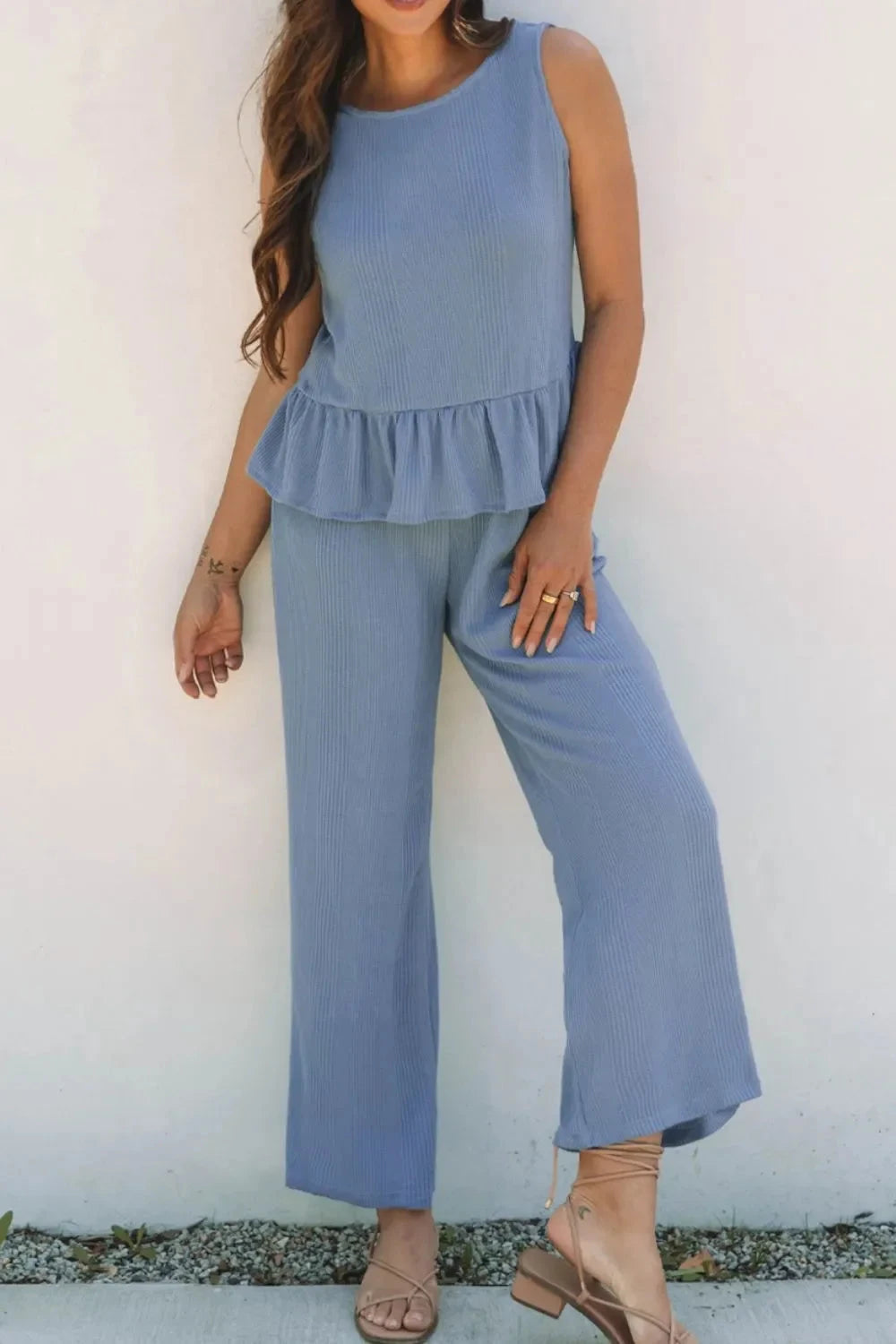 Color Ribbed Ruffle Tank Top and Pants Set Simply Love