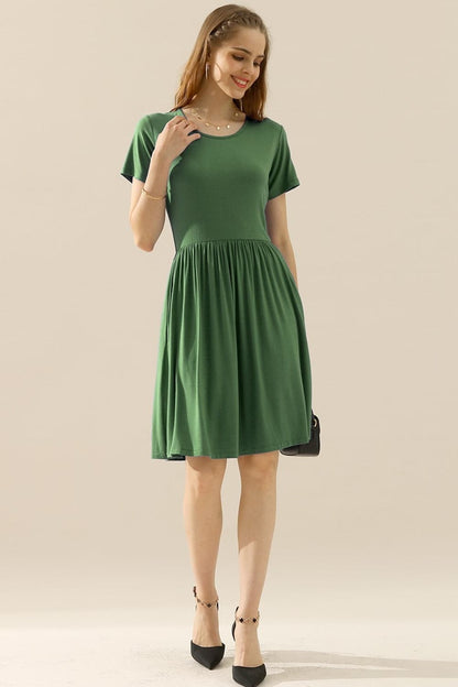 Ninexis Full Size Round Neck Ruched Dress with Pockets.