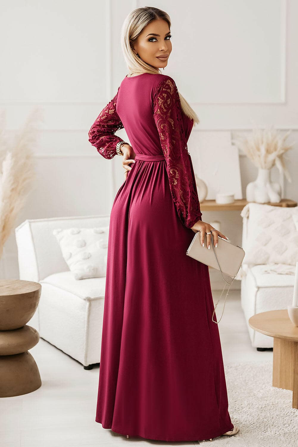 Lace Detail Surplice Tie-Waist Maxi Dress.