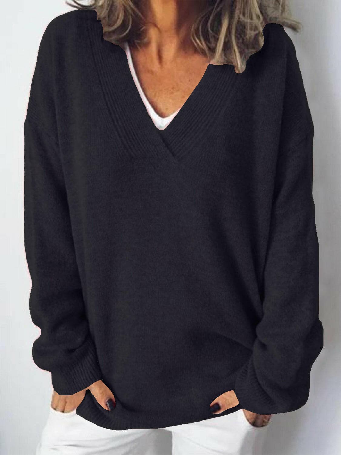 V-Neck Dropped Shoulder SweaterV-Neck Dropped Shoulder Sweater
 Upgrade your sweater collection with our V-Neck Dropped Shoulder Sweater, a perfect blend of style and comfort.
 Features:
 
 
BasicLove Salve -Neck Dropped Shoulder SweaterKnit Tops