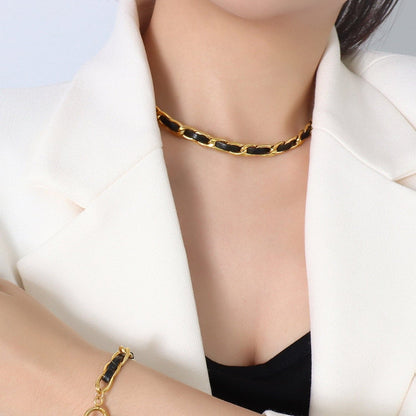 18K Gold-Plated Leather Chain Necklace.