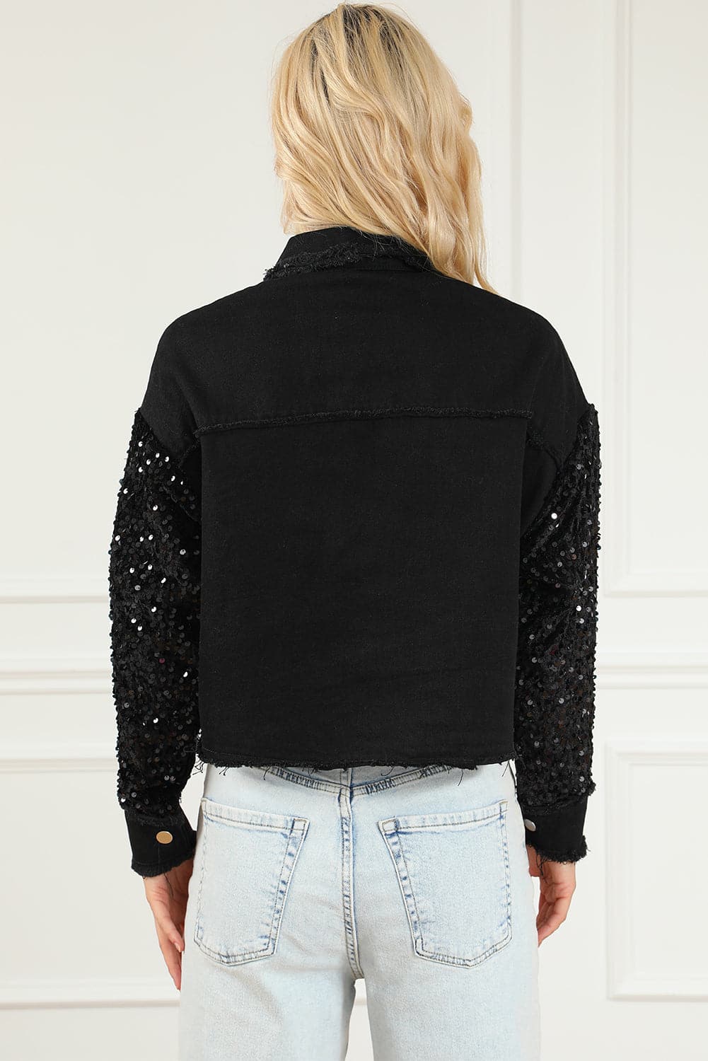 Sequin Button Up Raw Hem Denim Jacket.