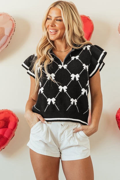 Chic Black Bow Print Zip-Front Sweater Tee