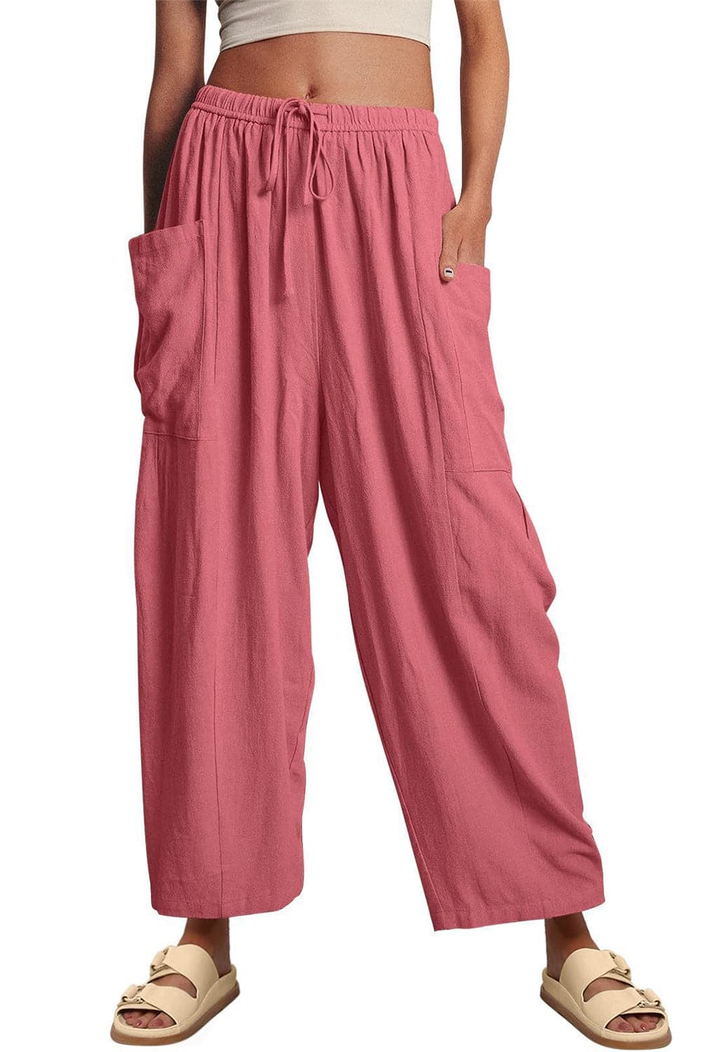 Full Size Pocketed Drawstring Wide Leg Pants.