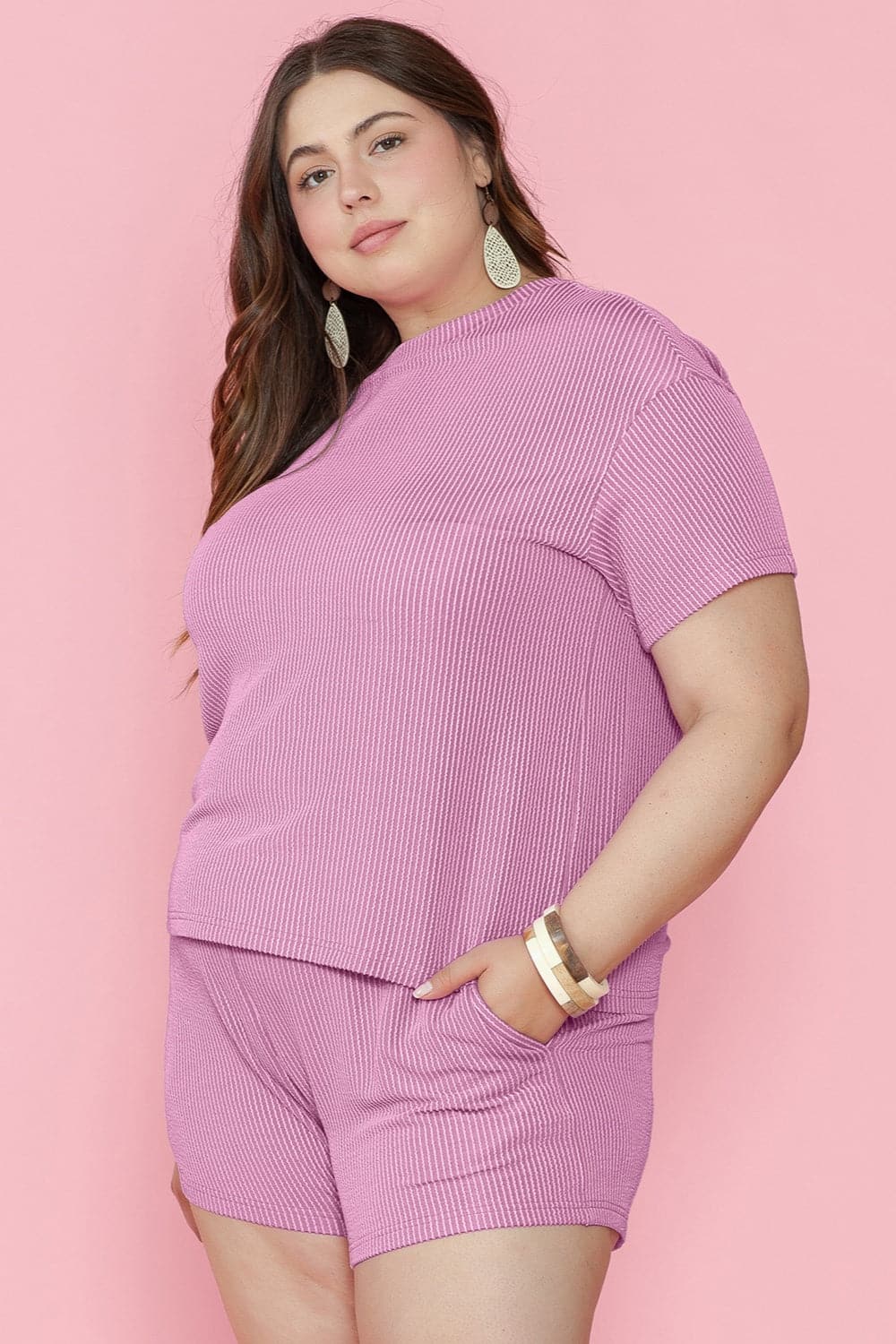 Plus Size Round Neck Short Sleeve Top and Shorts Set.