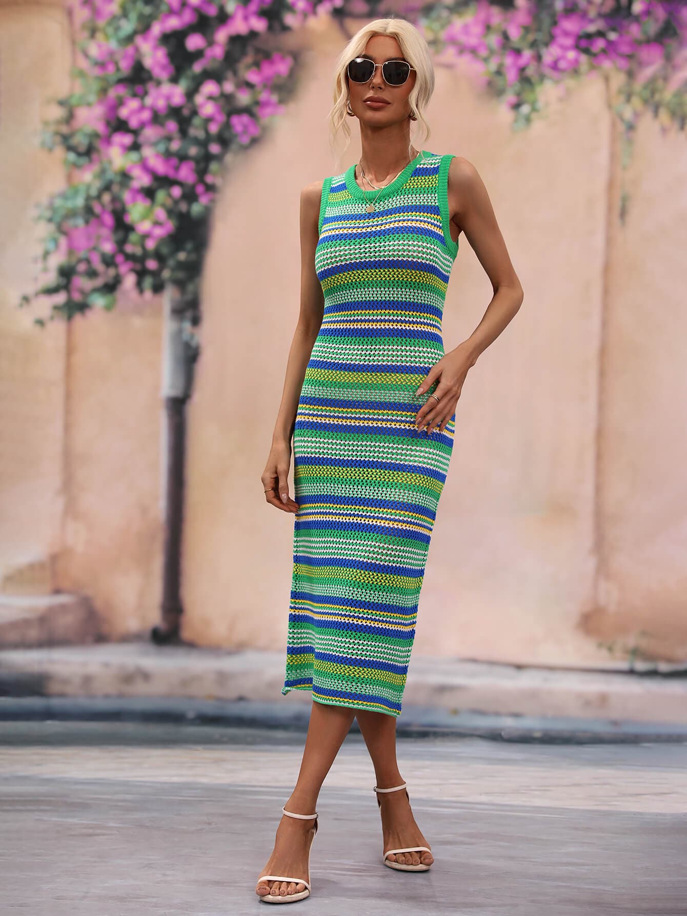 Striped Round Neck Sleeveless Midi Cover Up Dress.