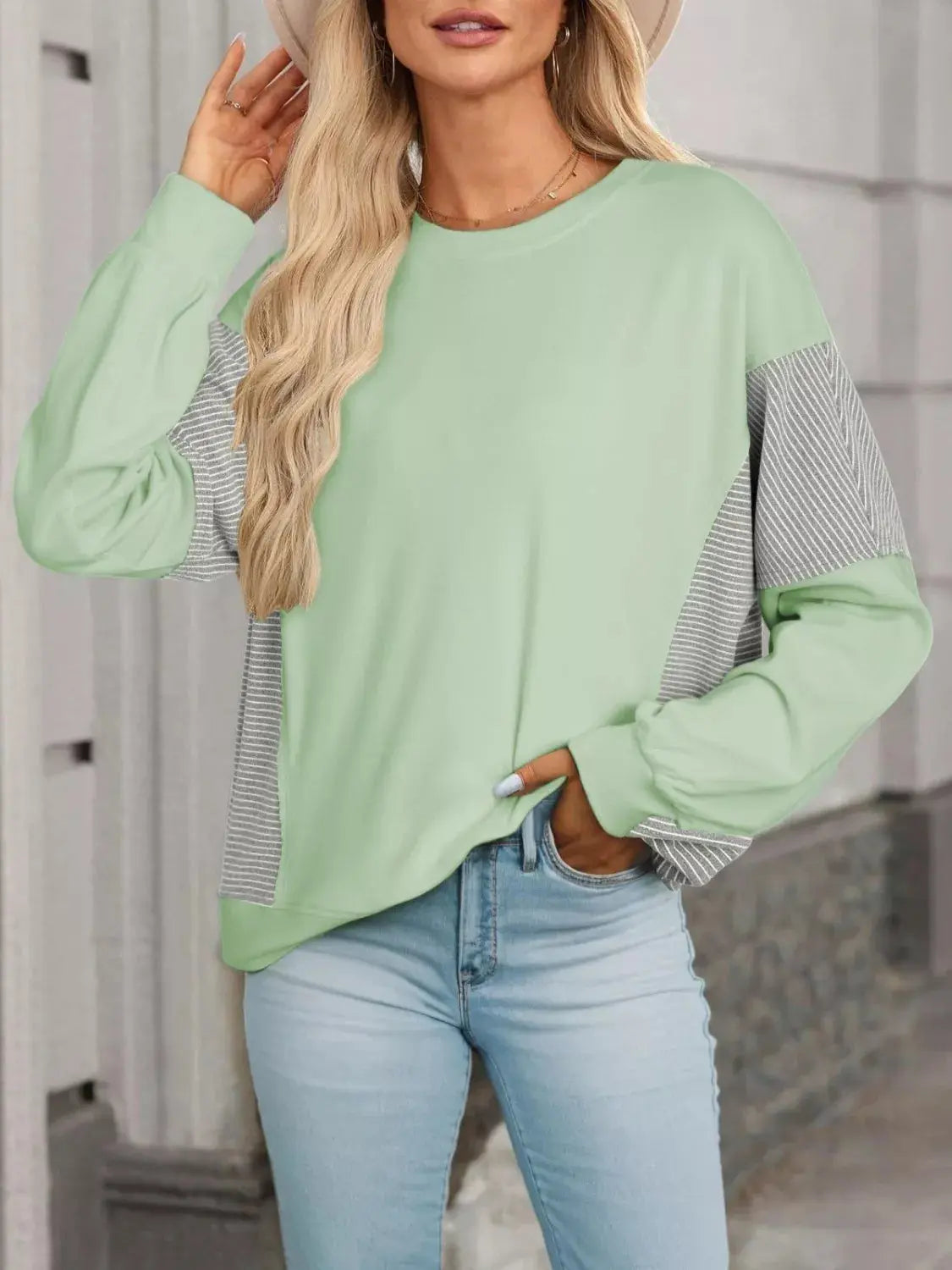 Color Block Striped Sleeve Casual Sweatshirt Simply Love