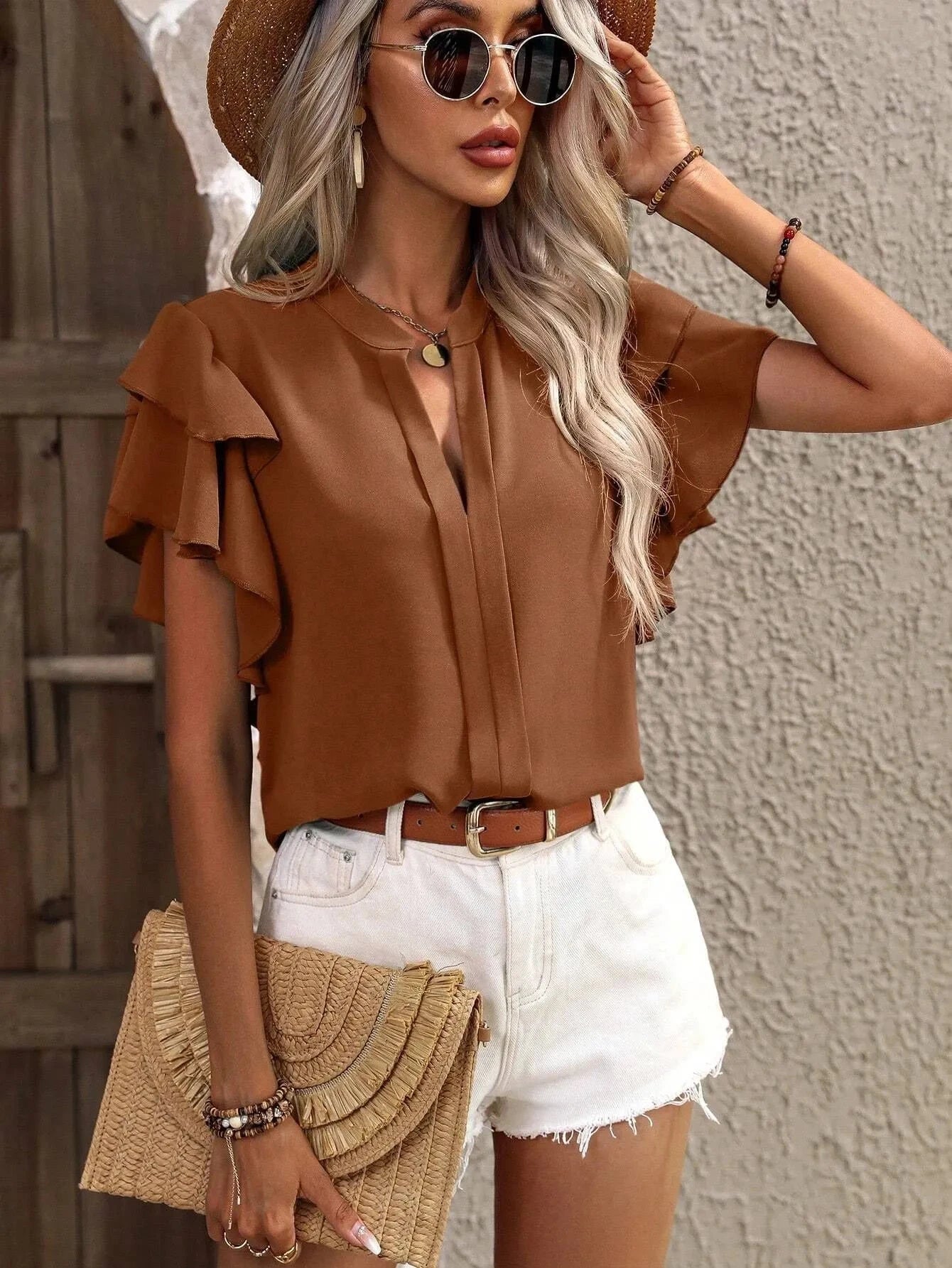 Ruffle Sleeve Notched Blouse Coco’s Tee Boutique