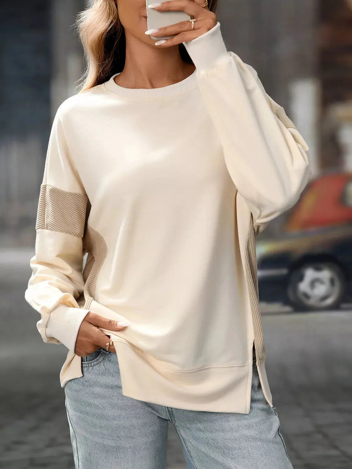 Side Slit Round Neck Sweatshirt Simply Love