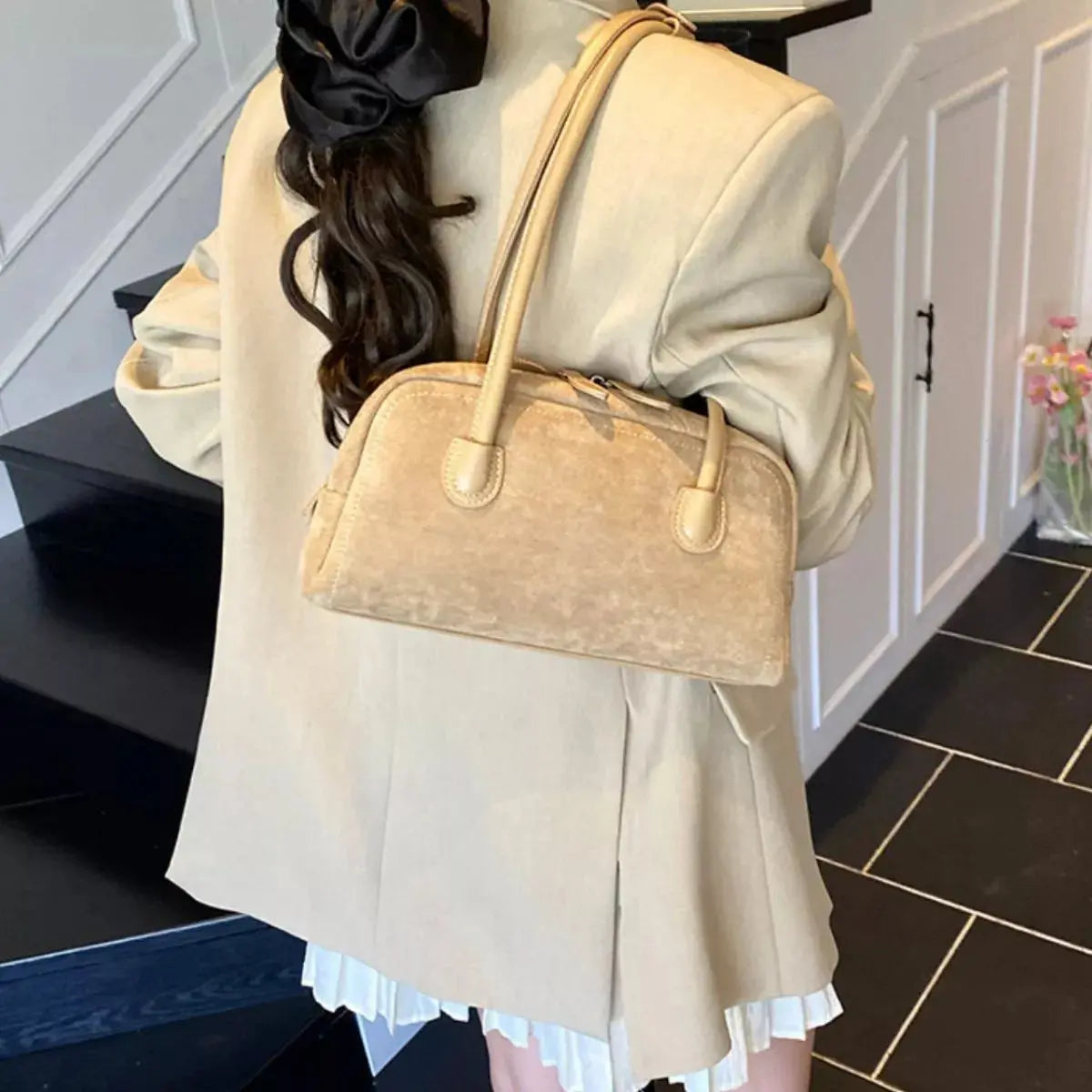 Velvet Shoulder Bag with Leather Strap Simply Love