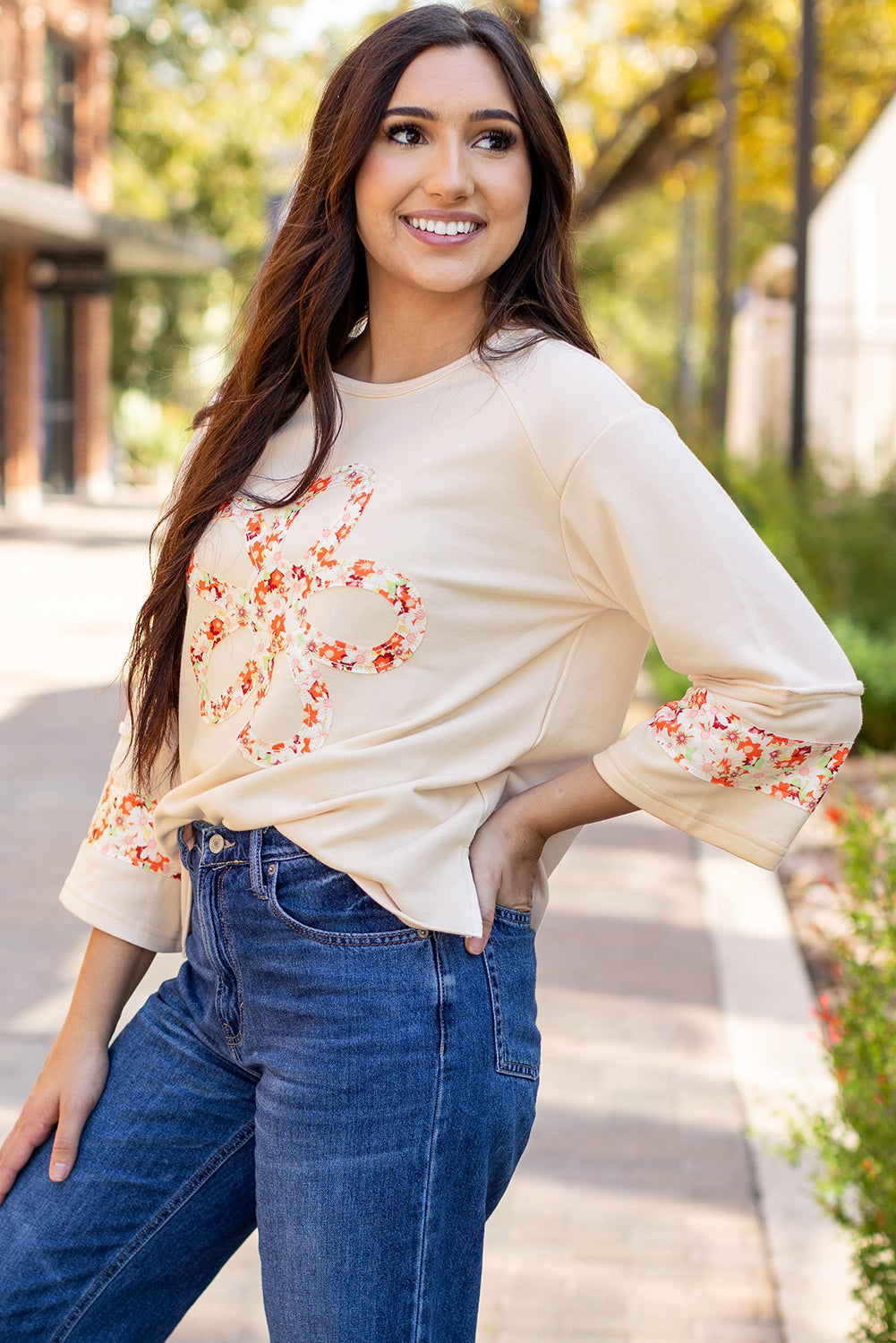 Beige floral wide sleeve top