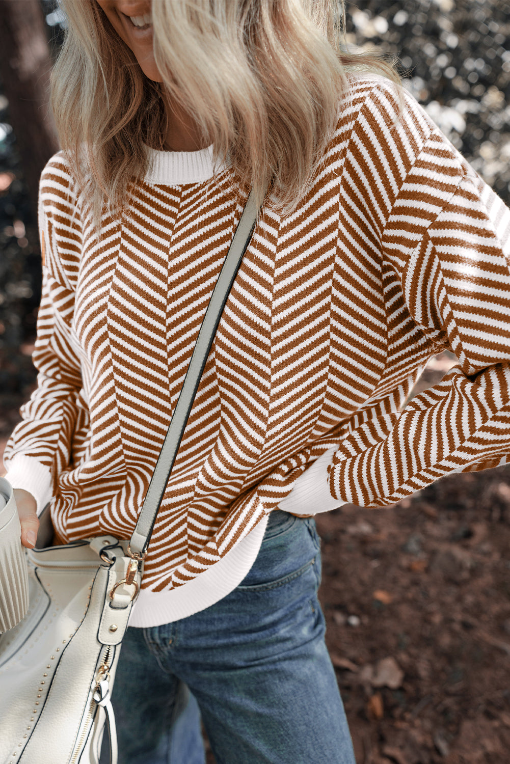 Coffee Contrast Edge Crew Neck Drop Shoulder Sweater Chic