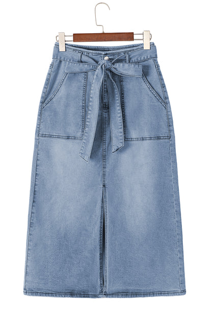 Dusk Blue High-Waisted Belted Midi Denim Skirt with Split Detail