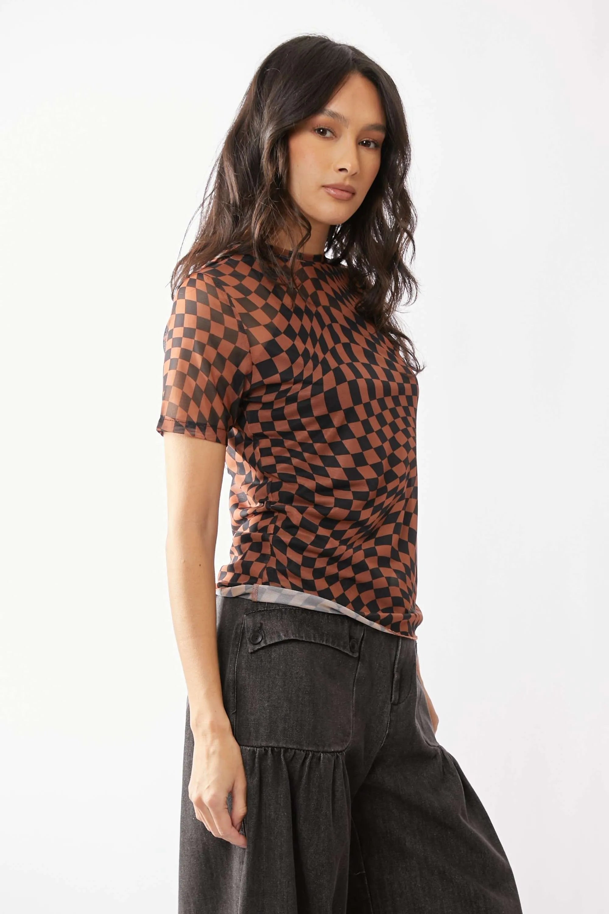 Davi & Dani Checker Board Printed Mesh Short Sleeve Top - Love Salve 