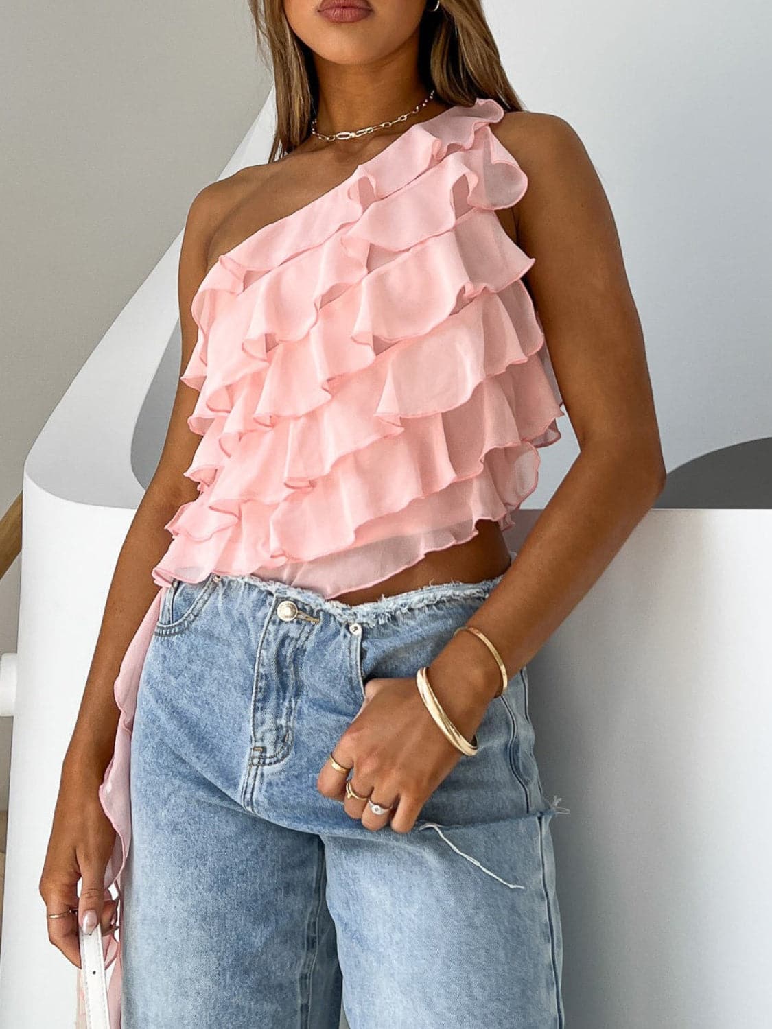 Layered Ruffled One Shoulder Tank.