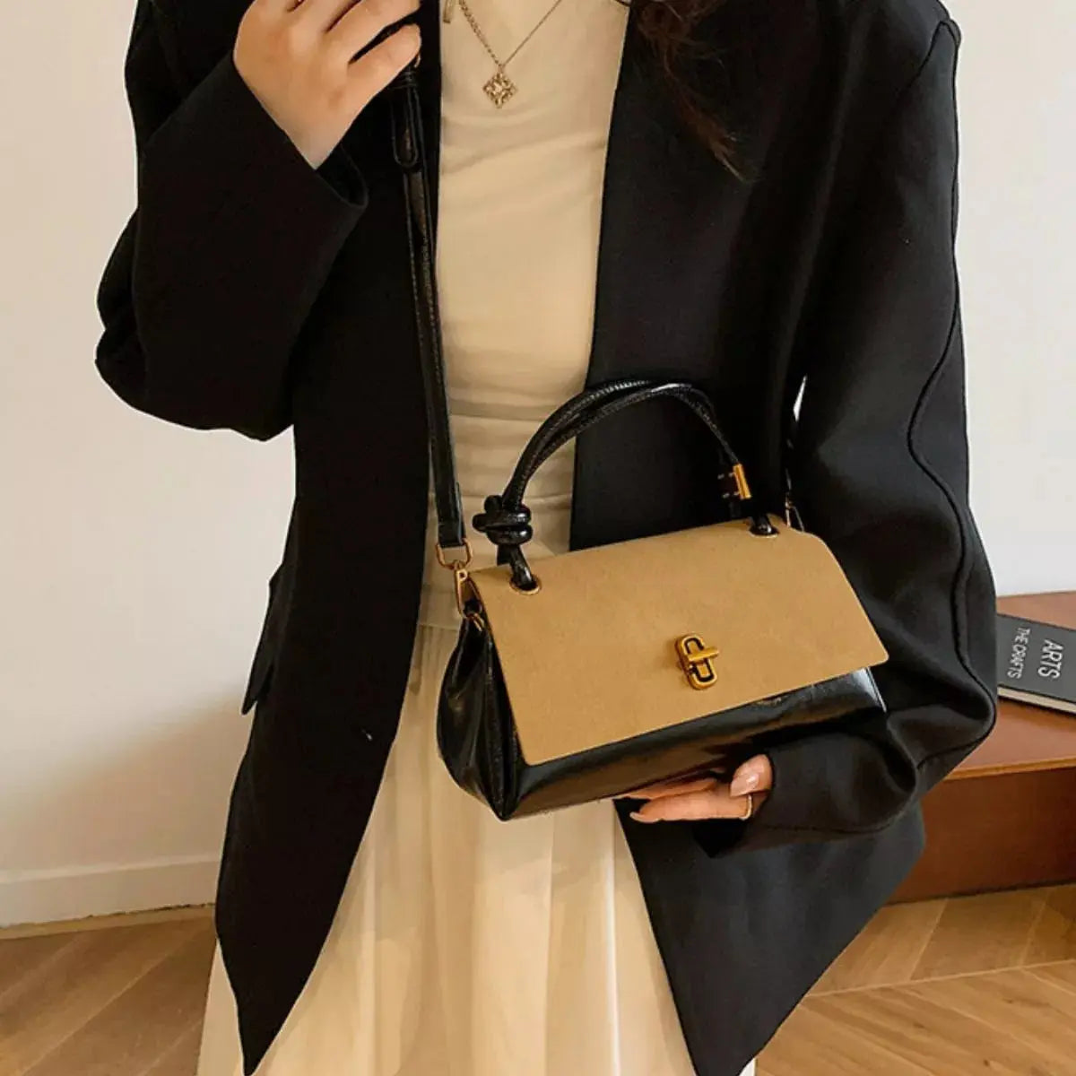 Flap Crossbody Bag With Top Handle Small PU Leather Gold Hardware Simply Love