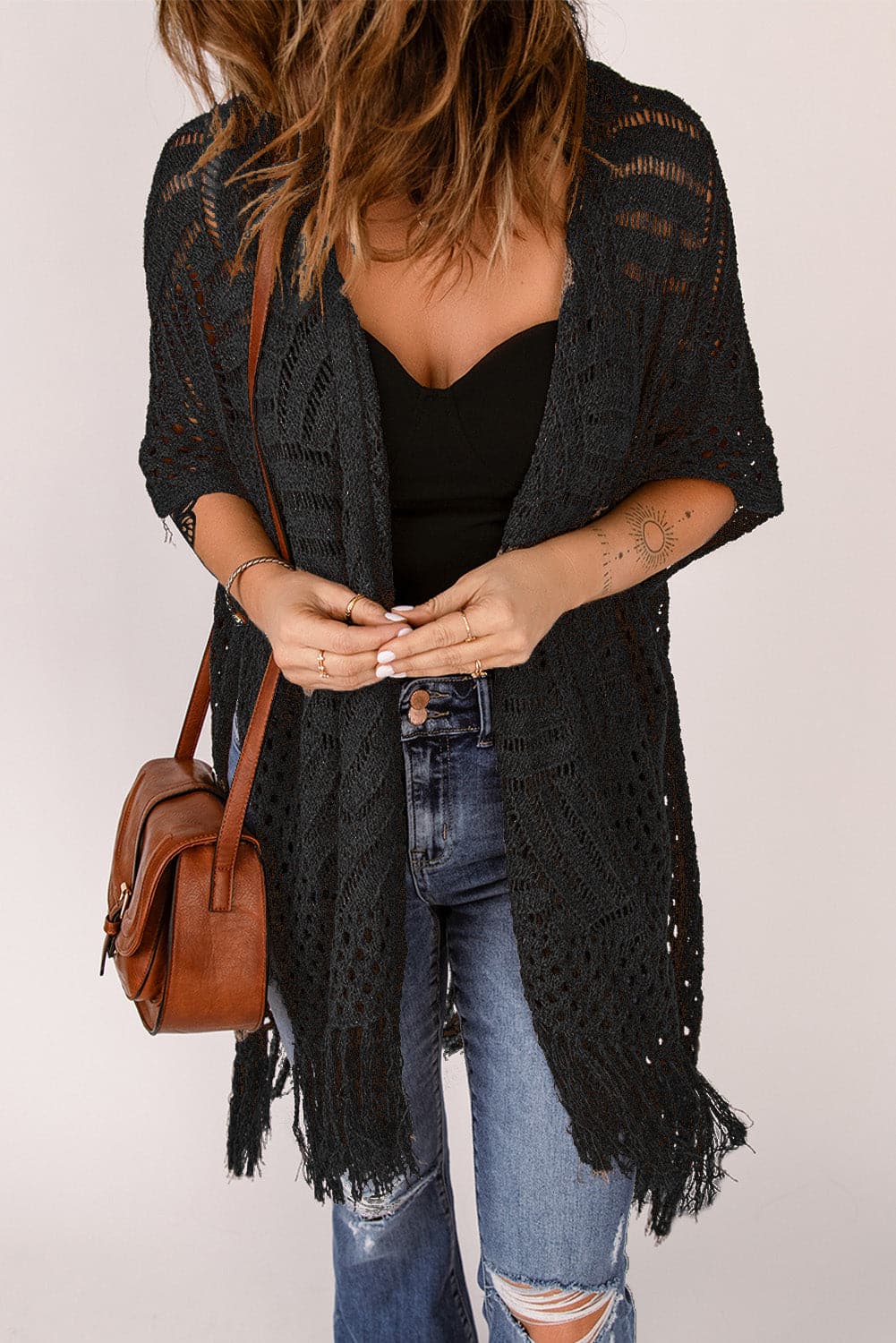 Fringe Hem Slit Open Front Cardigan.