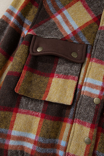 Stylish brown plaid jacket with chest pockets and stand neck design