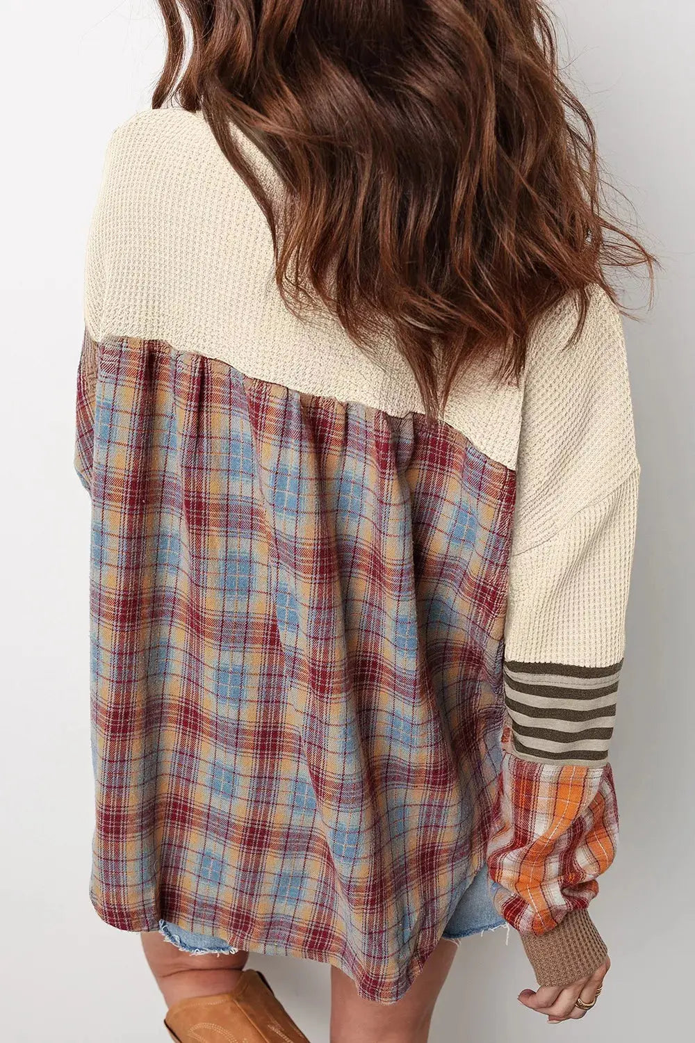 Waffle Knit Plaid Patchwork Long Sleeve Blouse Simply Love