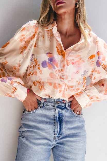 Floral balloon sleeve collared shirt