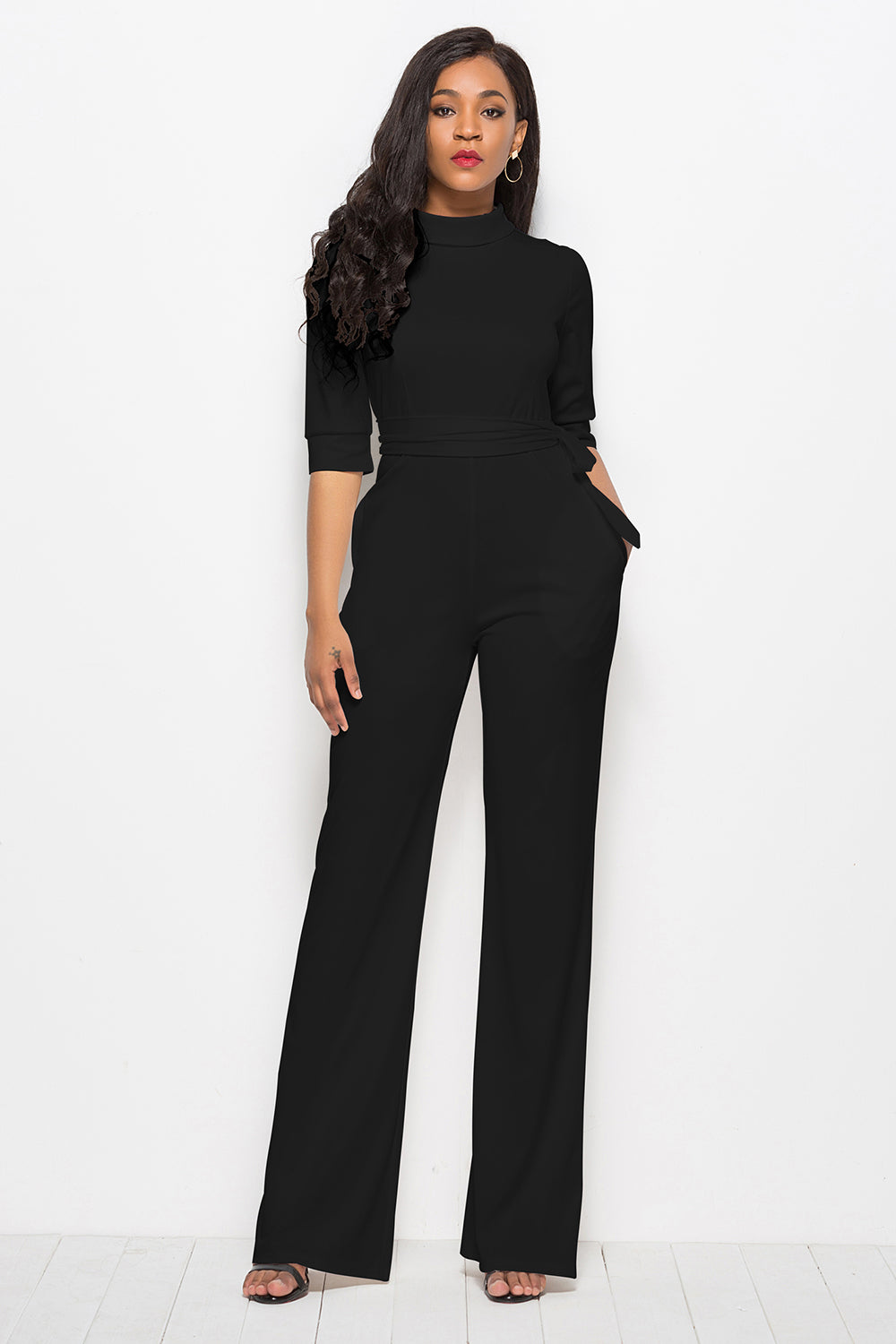 Mock Neck Tie-Waist Half Sleeve Jumpsuit Coco’s Tee Boutique