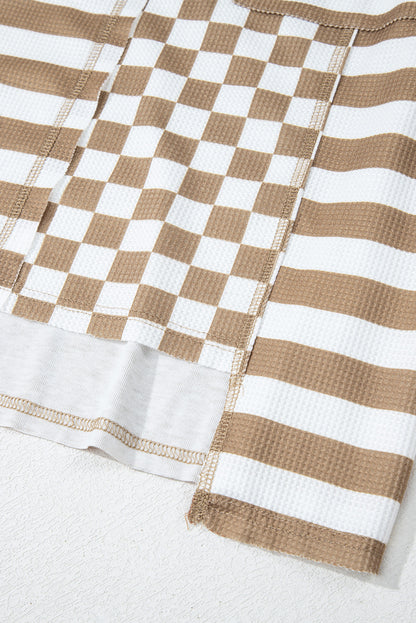 Khaki patchwork blouse with checkerboard and striped design