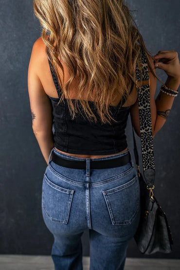 Acid Wash Buttoned Cropped Slim Denim Tank Top - Product detail view by Simply Love