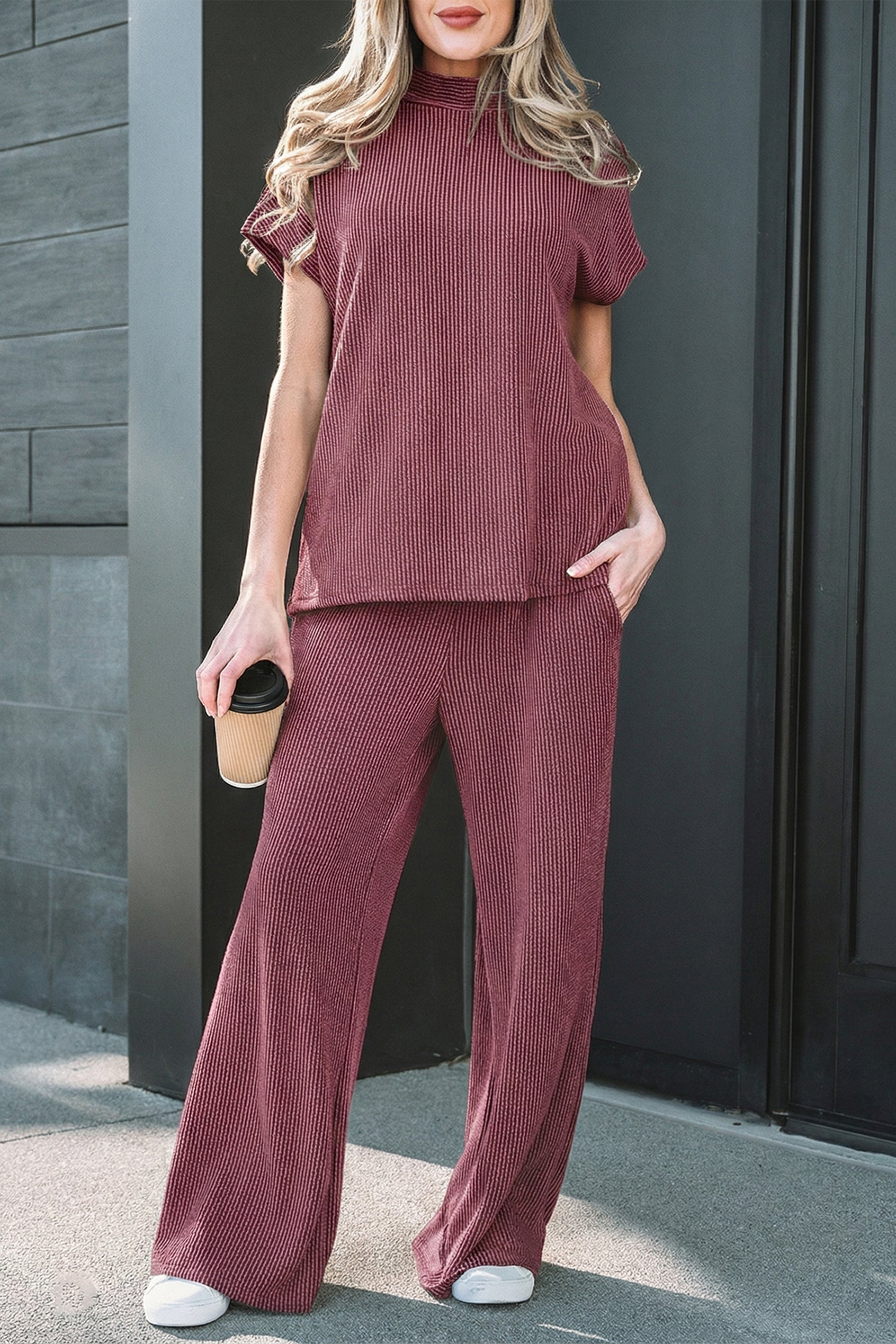 Burgundy Twisted Ribbed High Neck Tee and Elastic Waist Pants Set Dear-Lover Dropshipping