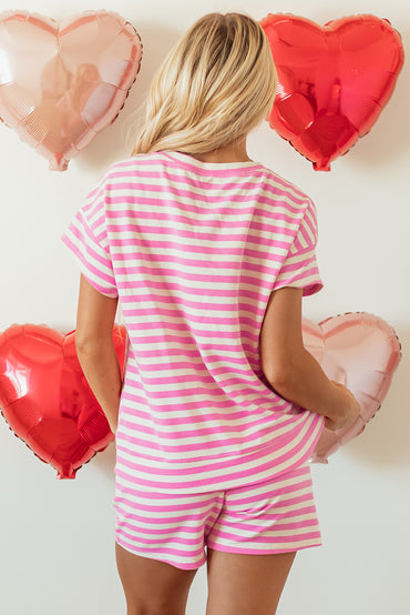 Rose Stripe Crew Neck T Shirt and Drawstring Shorts Set