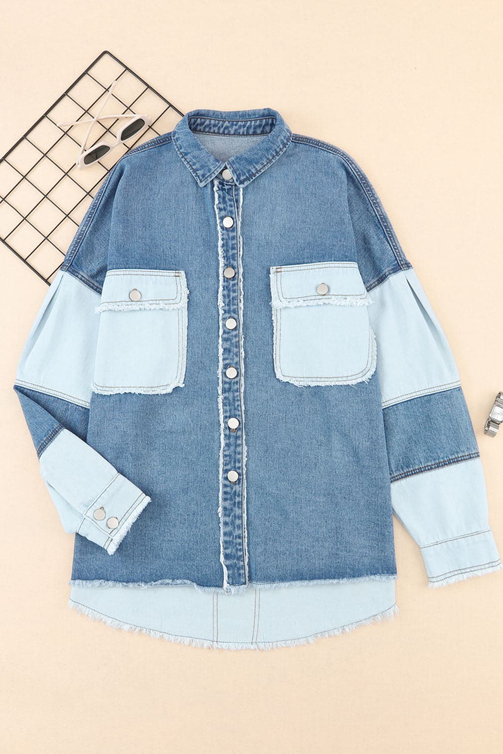 Raw Hem Button Up Denim Jacket with Breast Pockets.