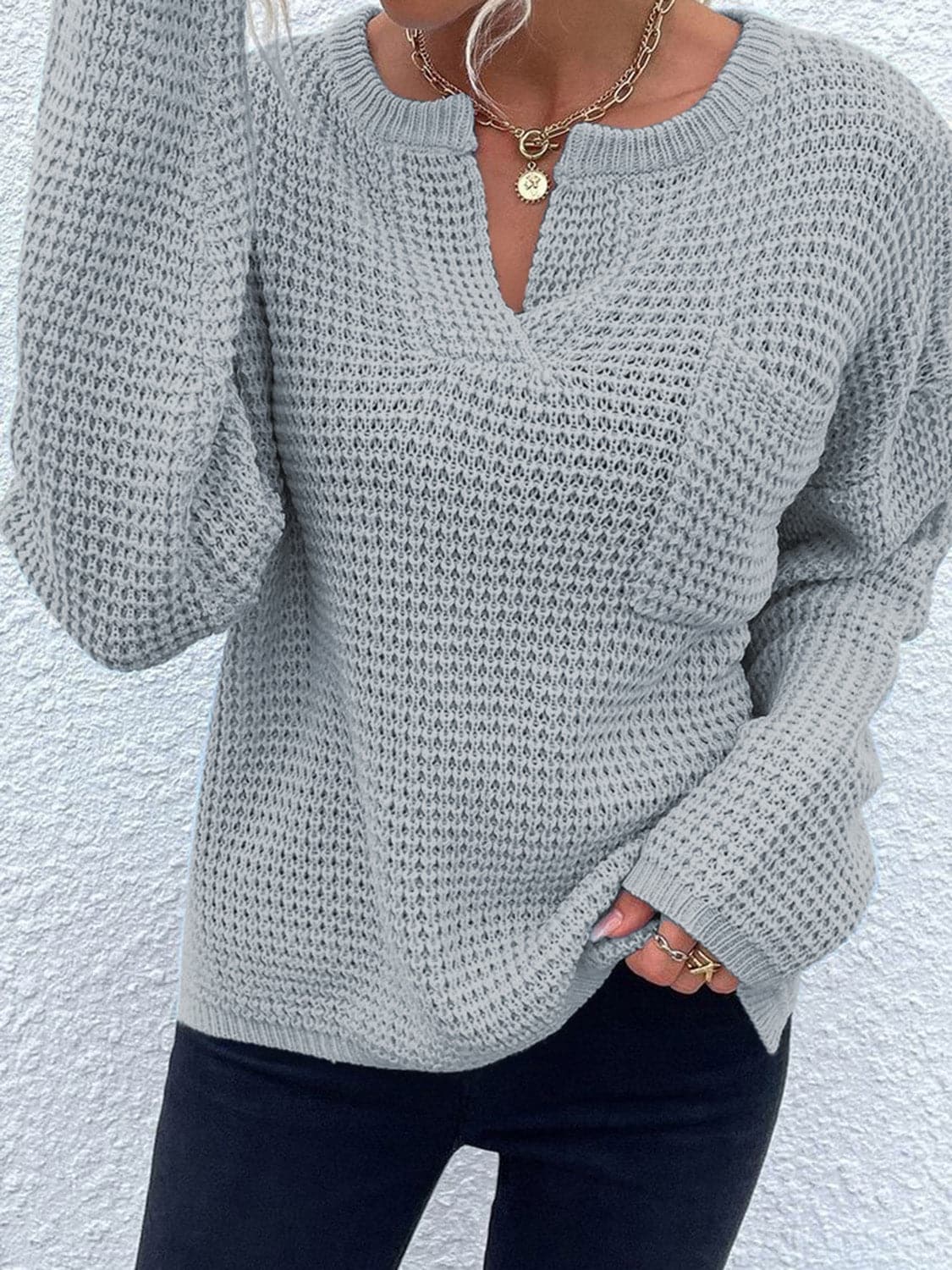 Notched Long Sleeve Sweater.