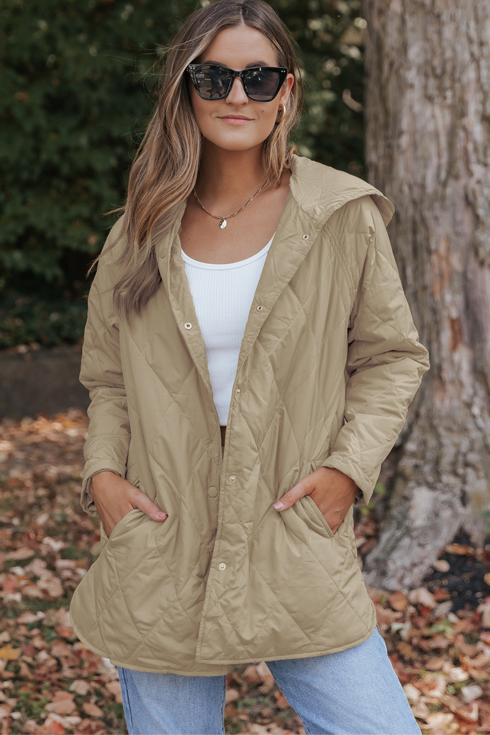 Khaki Quilted Hooded Puffer Coat With Snap Button Closure For Cold Weather Winter Outerwear For Women Dear-Lover Dropshipping