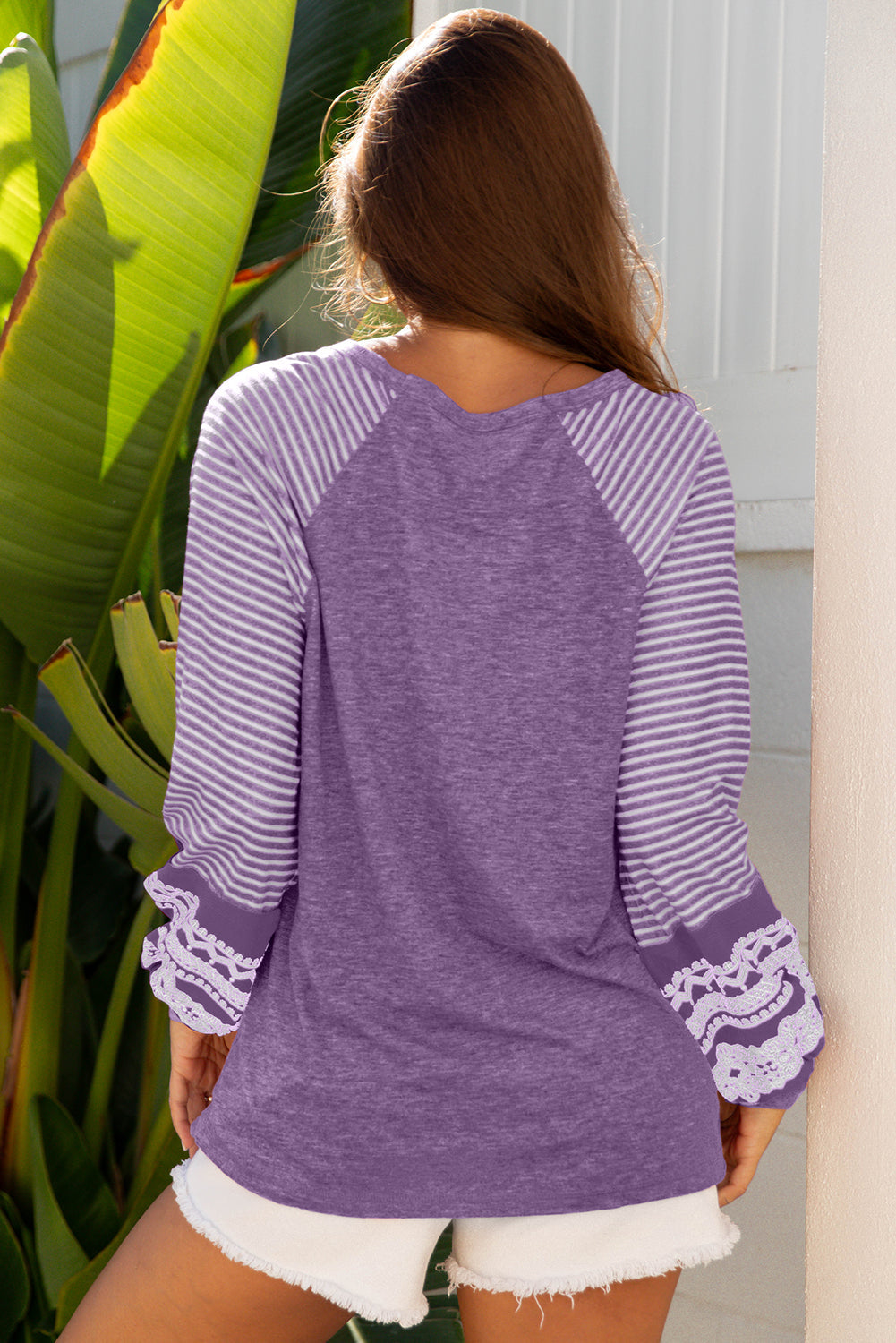 Tillandsia Purple Contrast Print Striped Raglan Long Sleeve Dear-Lover Dropshipping